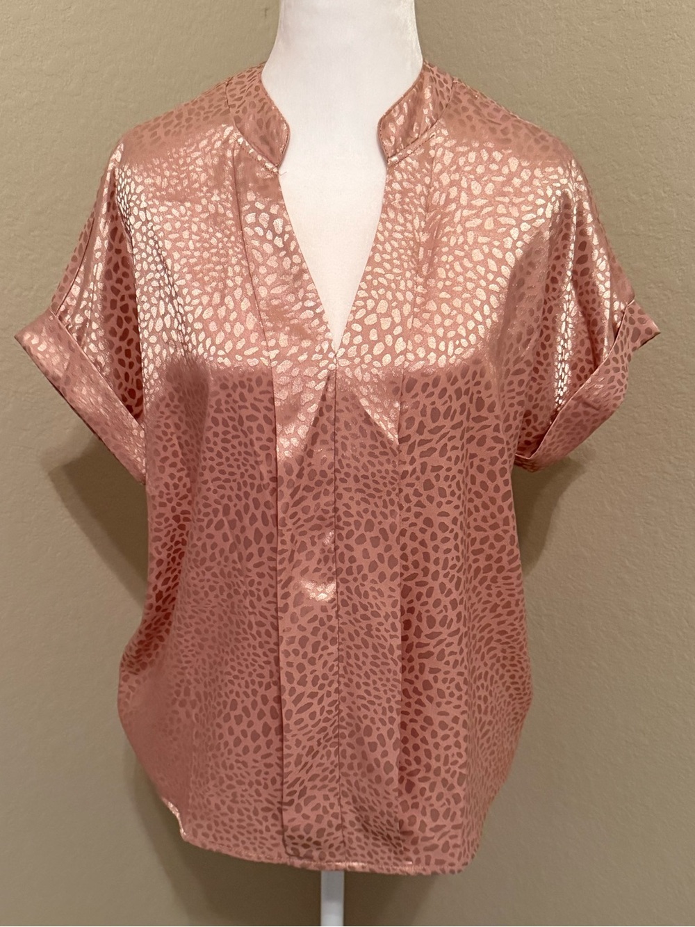 Rose Gold Animal Print Short Sleeve V-Neck Blouse
